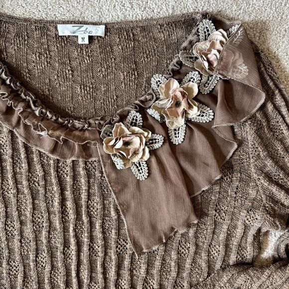 Cottage Core Boho Y2K Zba w/ Floral Appliqué Lace Brown Sweater Size M Women's - Picture 2 of 5